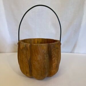 Rustic Wooden Pumpkin Shaped Bucket Planter Metal Handle Fall Thanksgiving